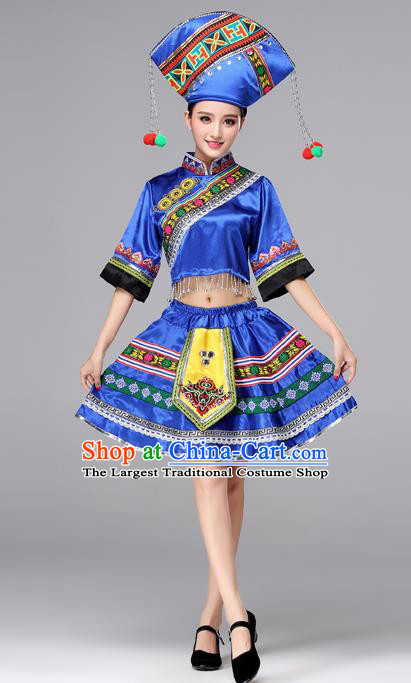 Chinese Traditional Zhuang Nationality Female Costume Ethnic Folk Dance Bride Blue Short Pleated Skirt for Women