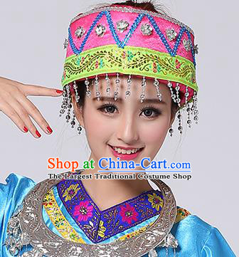 Chinese Traditional Miao Nationality Hair Accessories Hmong Bride Pink Hat for Women