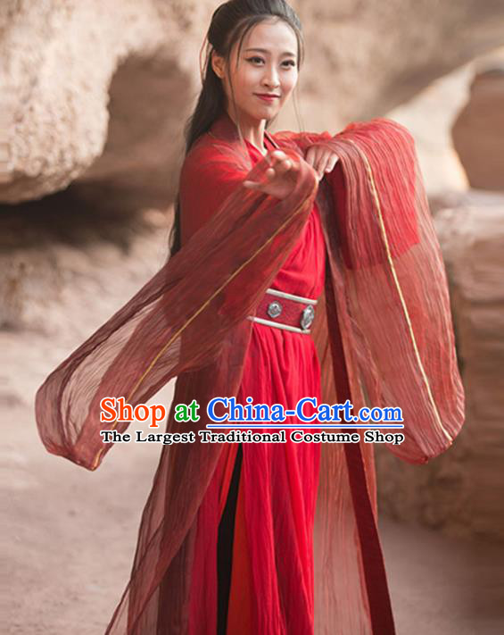 Traditional Chinese Jin Dynasty Swordswoman Red Hanfu Dress Ancient Wedding Historical Costume for Women