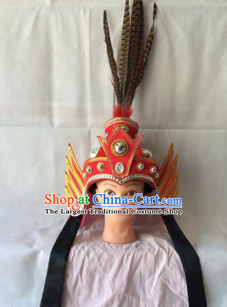 Asian Chinese Beijing Opera Takefu Headwear Ancient General Red Helmet Hat for Men