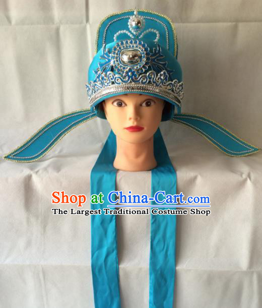 Asian Chinese Beijing Opera Niche Headwear Ancient Number One Scholar Blue Hat for Men