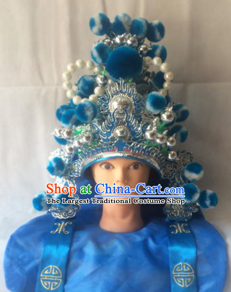 Asian Chinese Traditional Beijing Opera Headwear Ancient General Blue Helmet for Men