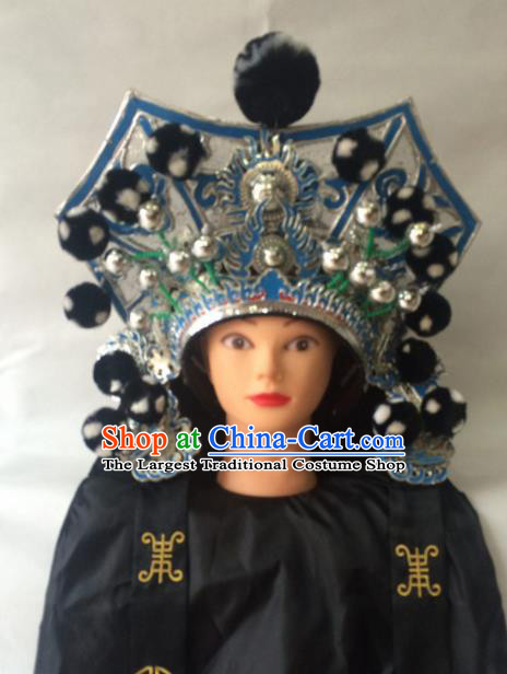 Asian Chinese Traditional Beijing Opera Royal Highness Headwear Ancient General Black Helmet Hat for Men