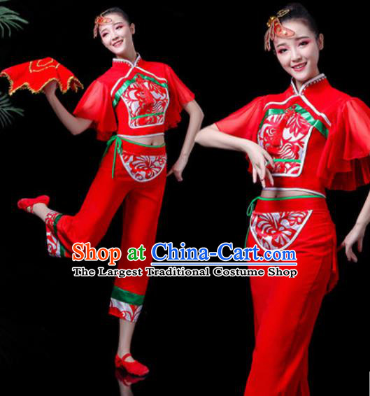 Chinese Traditional Yangko Dance Costume Folk Dance Fan Dance Red Clothing for Women