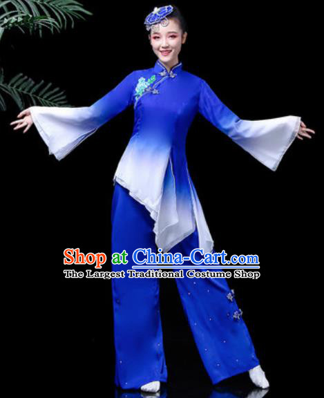 Traditional Chinese Stage Performance Folk Dance Costume Fan Dance Royalblue Clothing for Women