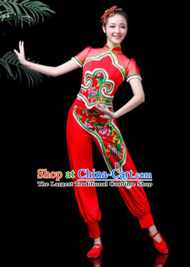 Traditional Chinese Stage Performance Costume Folk Dance Fan Dance Red Clothing for Women