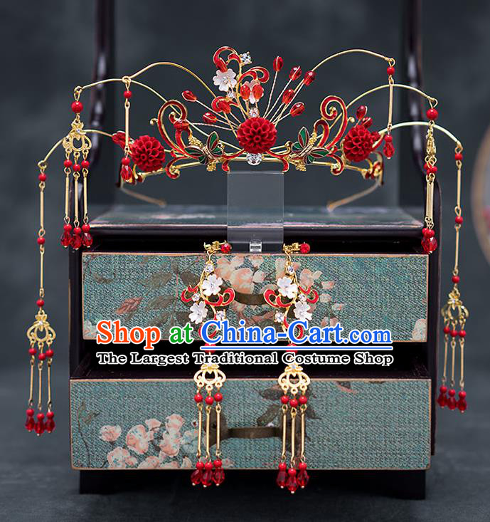 Chinese Ancient Wedding Hair Accessories Traditional Bride Hanfu Tassel Hairpins Red Roses Phoenix Coronet for Women