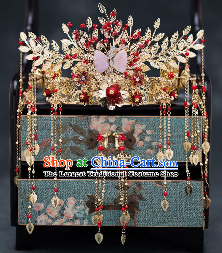 Chinese Ancient Bride Hair Accessories Wedding Golden Leaf Phoenix Coronet Traditional Hanfu Hairpins for Women