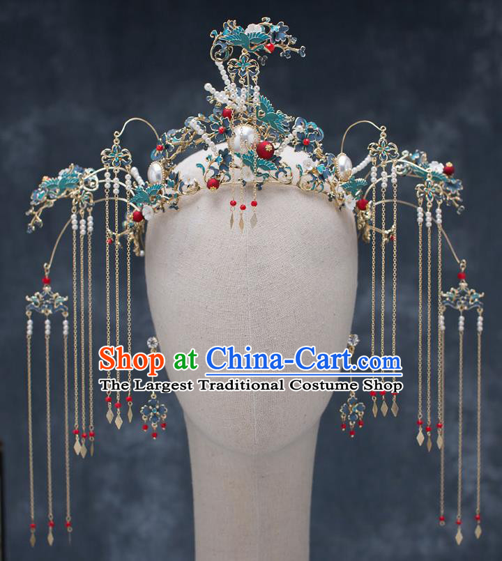 Chinese Ancient Wedding Blueing Cranes Phoenix Coronet Traditional Bride Palace Hair Accessories for Women