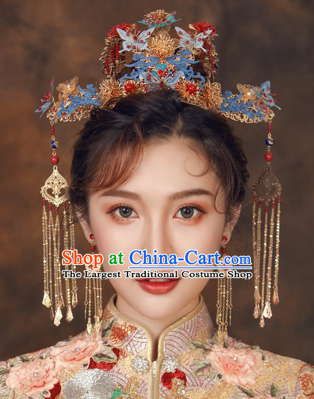 Chinese Ancient Palace Hair Accessories Hairpins Traditional Bride Blue Butterfly Phoenix Coronet for Women