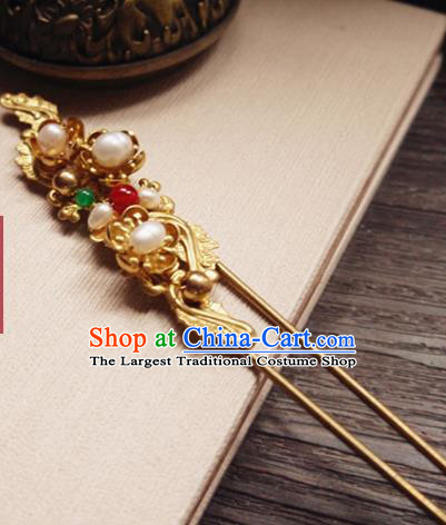 Chinese Ancient Hair Accessories Classical Pearls Golden Hair Clip Traditional Bride Hanfu Hairpins for Women