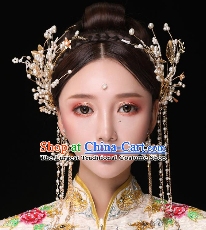 Chinese Ancient Bride Hair Accessories Traditional Wedding Pearls Tassel Hair Clasp Hanfu Hairpins for Women