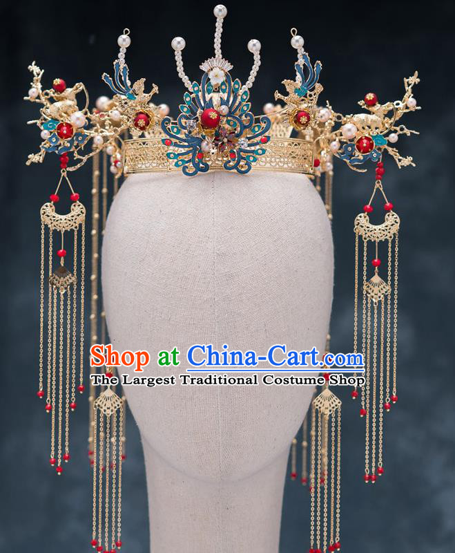 Chinese Ancient Bride Cloisonne Phoenix Coronet Traditional Wedding Hair Accessories Hanfu Hairpins for Women