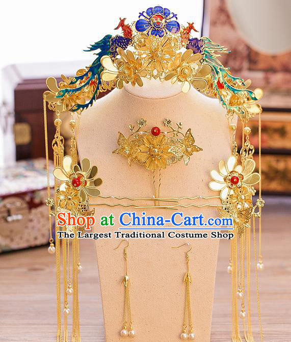 Chinese Ancient Queen Blueing Phoenix Coronet Traditional Wedding Hair Accessories Hairpins for Women