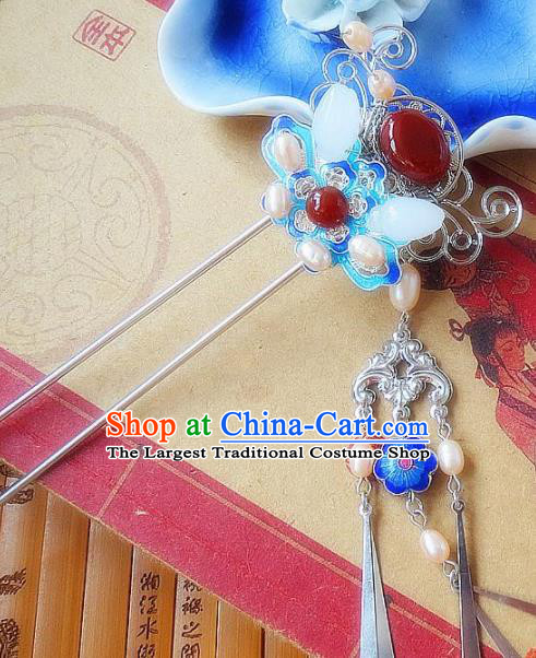 Chinese Ancient Wedding Hair Accessories Traditional Hanfu Blueing Pearls Hairpins for Women