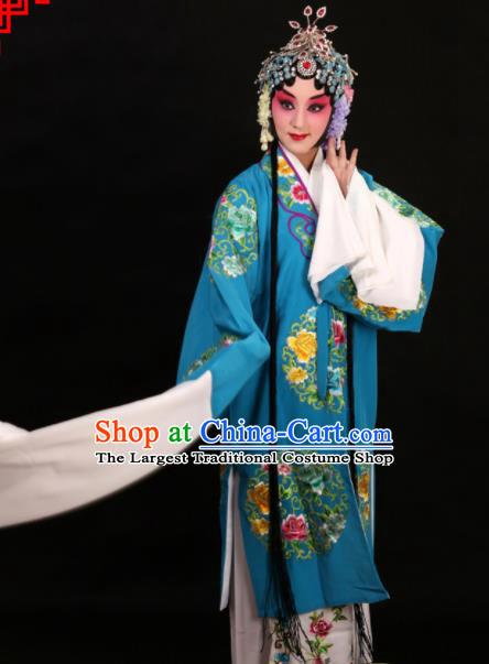 Professional Chinese Traditional Beijing Opera Costume Old Women Embroidered Blue Dress for Adults