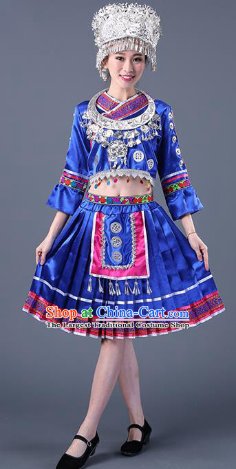 Chinese Traditional Ethnic Costume Miao Nationality Royalblue Pleated Skirt for Women