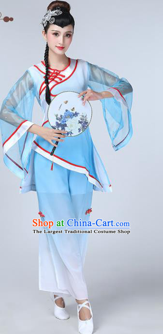 Chinese Traditional Stage Performance Folk Dance Costume National Fan Dance Blue Clothing for Women