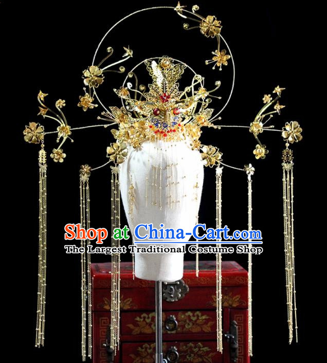 Chinese Ancient Handmade Bride Hairpins Traditional Golden Phoenix Coronet Wedding Hair Accessories for Women