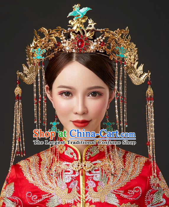 Chinese Ancient Cloisonne Cranes Phoenix Coronet Bride Hairpins Traditional Wedding Hair Accessories for Women