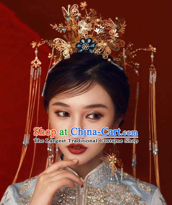 Chinese Ancient Bride Hairpins Golden Butterfly Tassel Phoenix Coronet Traditional Hair Accessories Headdress for Women