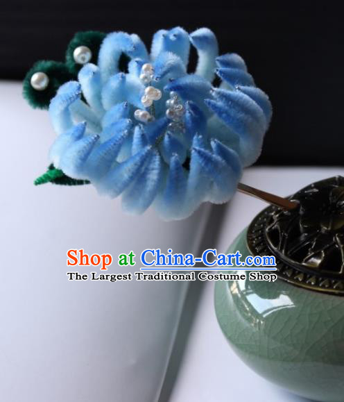 Top Grade Chinese Ancient Palace Blue Velvet Chrysanthemum Hairpins Traditional Hair Accessories Headdress for Women