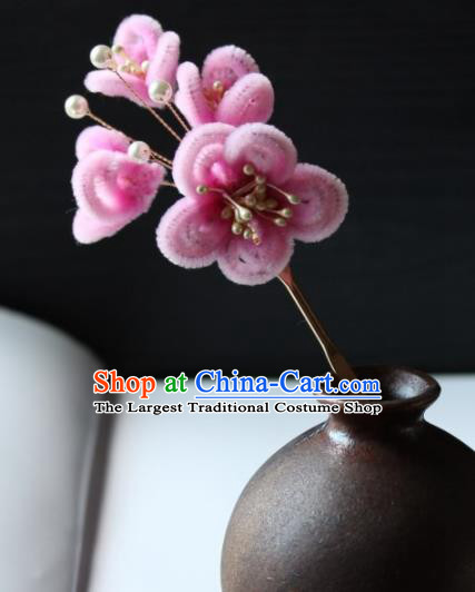 Top Grade Chinese Ancient Palace Pink Velvet Plum Blossom Hairpins Traditional Hair Accessories Headdress for Women