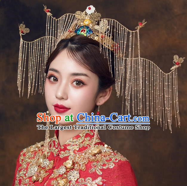 Chinese Ancient Bride Blueing Peony Phoenix Coronet Hairpins Traditional Wedding Hair Accessories for Women