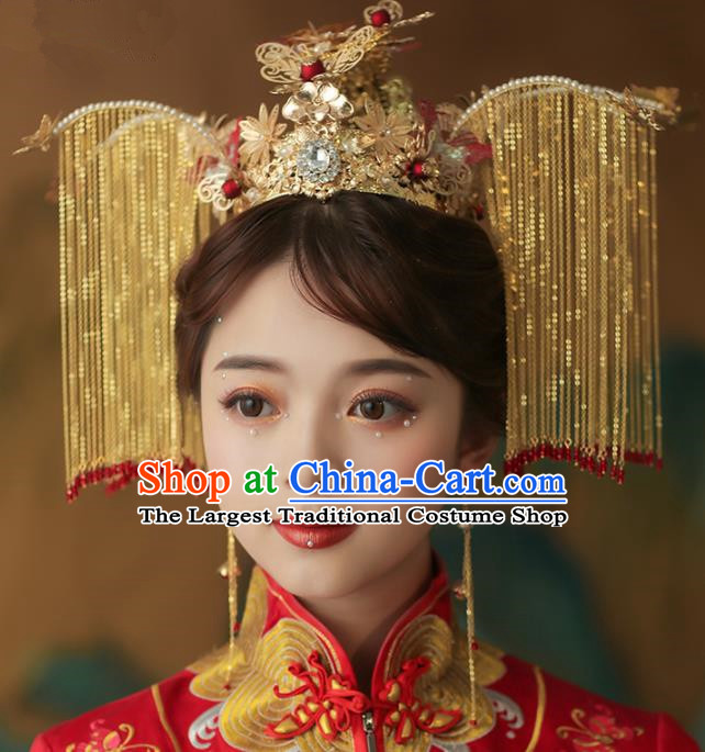 Chinese Ancient Palace Bride Golden Phoenix Coronet Tassel Hairpins Traditional Wedding Hair Accessories for Women