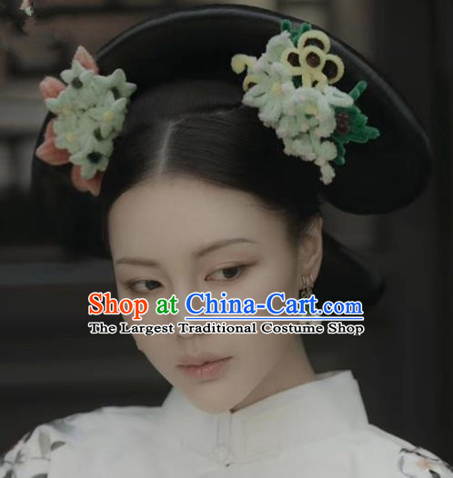 Chinese Ancient Palace Queen Green Velvet Flower Hairpins Traditional Hair Accessories Headdress for Women