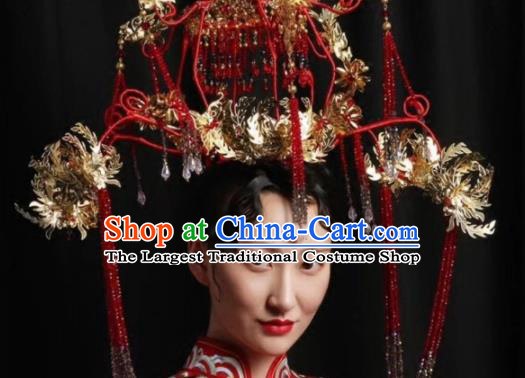 Top Grade Chinese Ancient Queen Hairpins Red Beads Tassel Phoenix Coronet Traditional Hair Accessories Headdress for Women