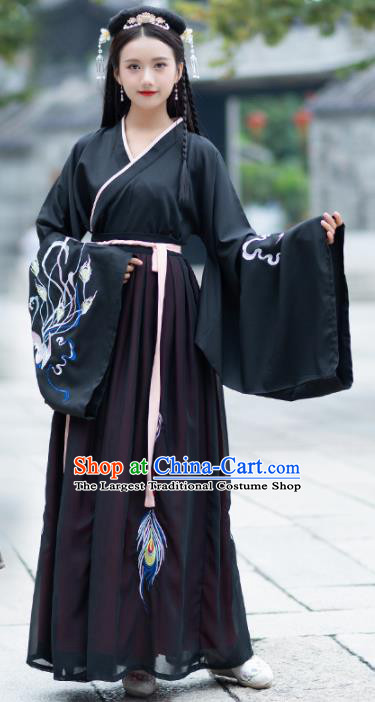 Traditional Chinese Jin Dynasty Palace Black Hanfu Dress Ancient Princess Embroidered Replica Costume for Women