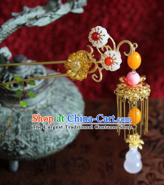 Top Grade Chinese Ancient Bride Wedding Tassel Golden Flowers Hairpins Traditional Hair Accessories Headdress for Women