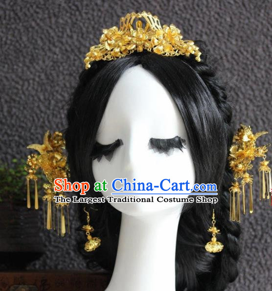 Handmade Chinese Ancient Bride Golden Hair Clips Traditional Hair Accessories Headdress for Women