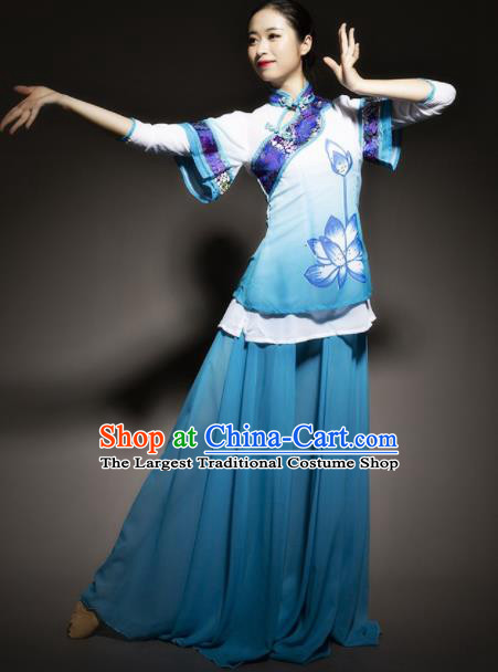 Chinese Traditional Classical Dance Costume Lotus Dance Blue Dress for Women