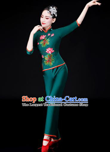 Chinese Traditional National Dance Printing Lotus Clothing Folk Dance Yangko Dance Green Clothing for Women