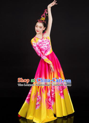 Chinese Traditional Classical Dance Printing Peony Dress Umbrella Dance Stage Performance Costume for Women