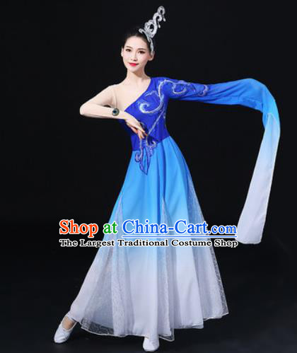 Chinese Traditional Classical Dance Blue Dress Umbrella Dance Stage Performance Costume for Women