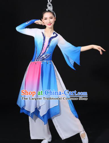 Chinese Traditional Classical Lotus Dance Blue Dress Umbrella Dance Stage Performance Costume for Women