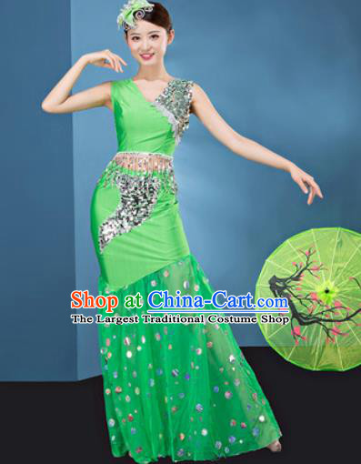 Traditional Chinese Dai Nationality Folk Dance Green Veil Dress National Ethnic Peacock Dance Costume for Women