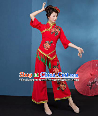 Traditional Chinese Folk Dance Stage Show Clothing Group Fan Dance Red Costume for Women