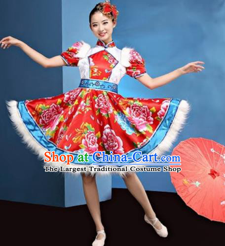 Traditional Chinese Folk Dance Yangko Stage Show Clothing Group Fan Dance Red Costume for Women