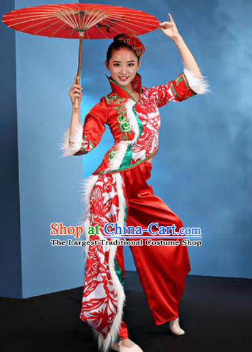 Traditional Chinese Folk Dance Stage Show Clothing Group Fan Dance Yangko Red Costume for Women