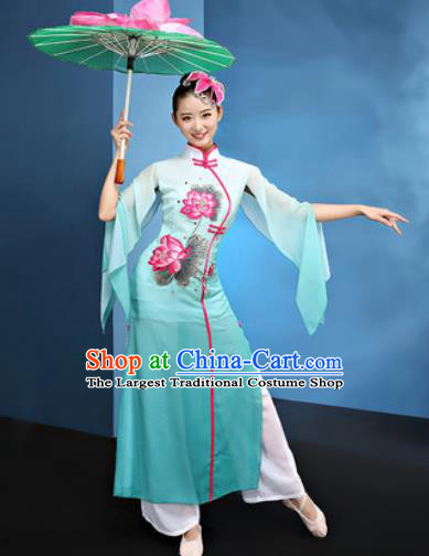 Chinese Traditional Umbrella Dance Green Dress Classical Lotus Dance Stage Performance Costume for Women