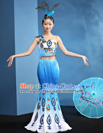 Traditional Chinese Dai Nationality Blue Dress National Ethnic Folk Dance Peacock Dance Costume for Women