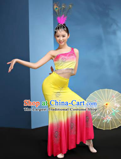 Traditional Chinese Dai Nationality Yellow Dress National Ethnic Folk Dance Peacock Dance Costume for Women