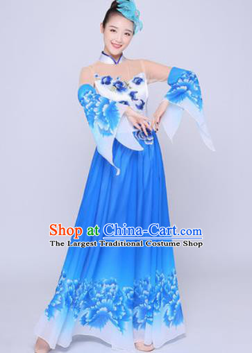 Chinese Traditional Classical Dance Peony Dance Blue Dress Umbrella Dance Stage Performance Costume for Women