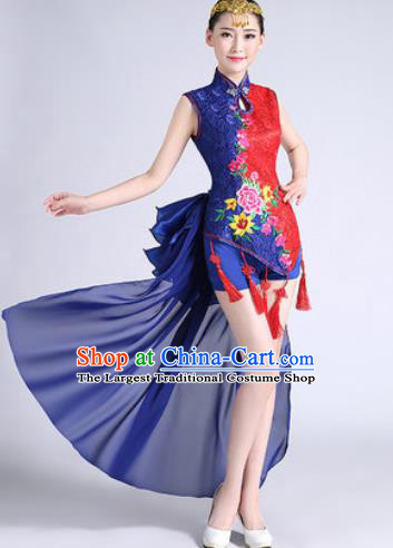 Traditional Chinese Folk Dance Drum Dance Blue Clothing Yangko Dance Costume for Women