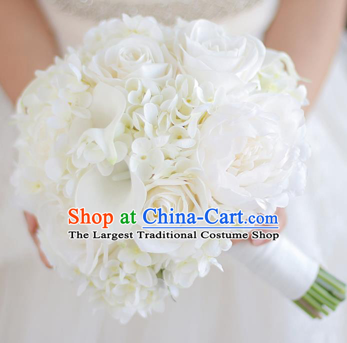 Top Grade Wedding Bridal Bouquet Hand White Rose Flowers Bunch for Women