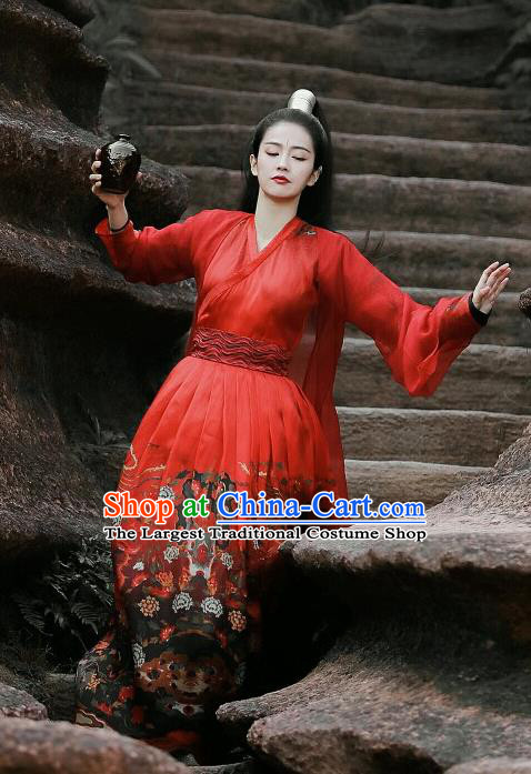 Chinese Drama Zhao Yao Female Castellan Traditional Costume Ancient Swordswoman Red Hanfu Dress for Women